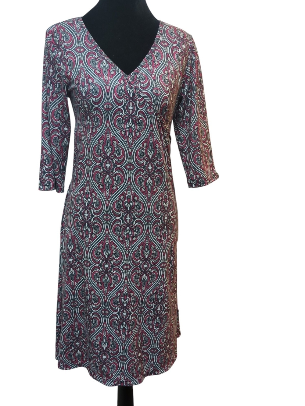 prAna Faux Wrap Midi Dress Women’s Medium Pink Gray Geometric Mandala Print Boho